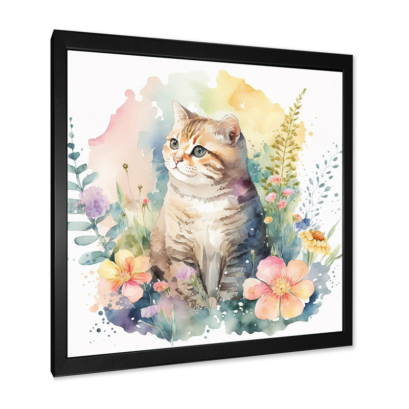 Petit chaton entouré de fleurs colorées I - animaux, art mural sur toile, Cadre noir, L 16 po x H 16 po