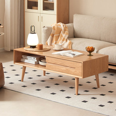 Mid-Century Modern Solid Oak Coffee Table with Storage, Natural Wood Finish, Rectangular Living Room Table with Drawers & Open Shelf