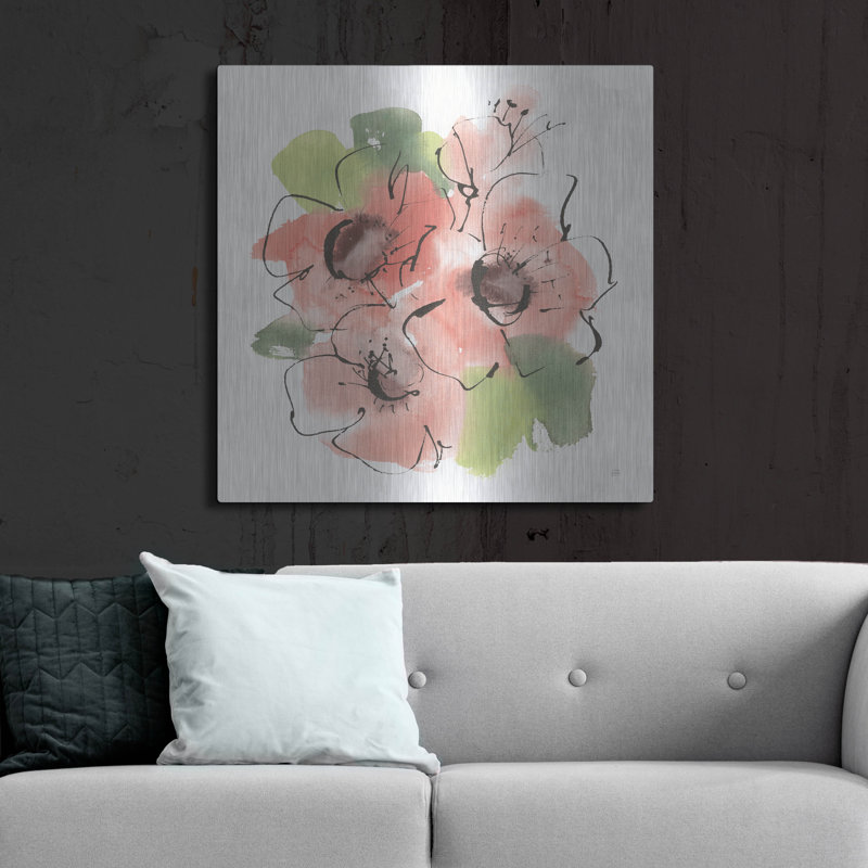 «Pink Coral Poppies 1» par Chris Paschke, art mural en métal, H 36 po x l 36 po