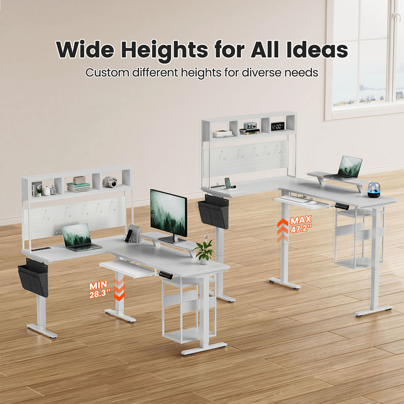 Adjustable Height L-shaped Standing Desk With Led Lights & Power Outlet, With Storage, White