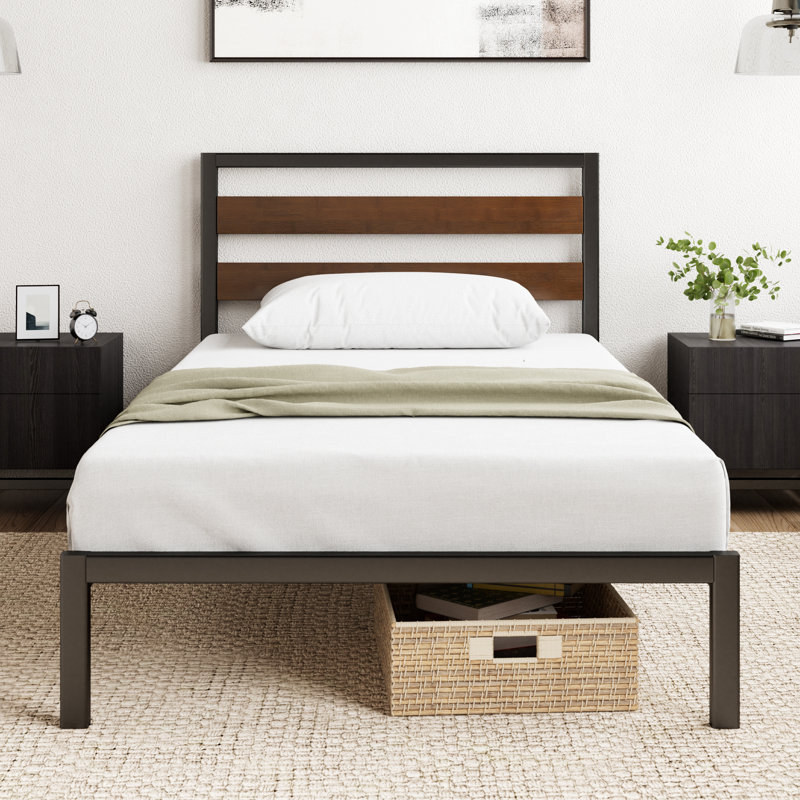 Alexee Modern Metal Bed frame with Bamboo slatted Headboard, UK Single (90 x 190 cm)