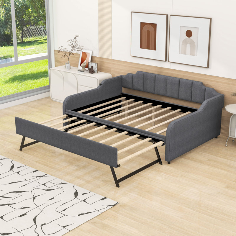 Full Size Upholstered Daybed with Twin Trundle and USB Charging