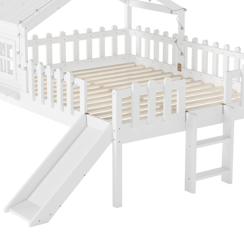House Loft Bed with Slide,Playhouse Bed with Star Moon-shaped Designs and Window, Chic Design with LED Lights,No Box Spring Needed