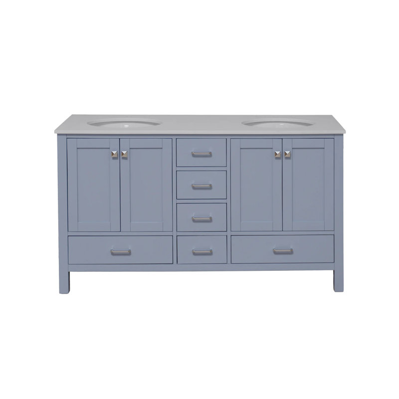Claudett 60'' Double Bathroom Vanity with Top, Engineered White, Powder Blue