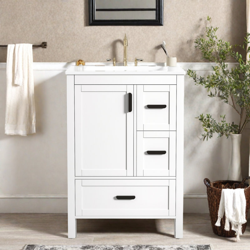 24" Bathroom Vanity With Ceramic Top, Cabinet And Drawers, White, Black