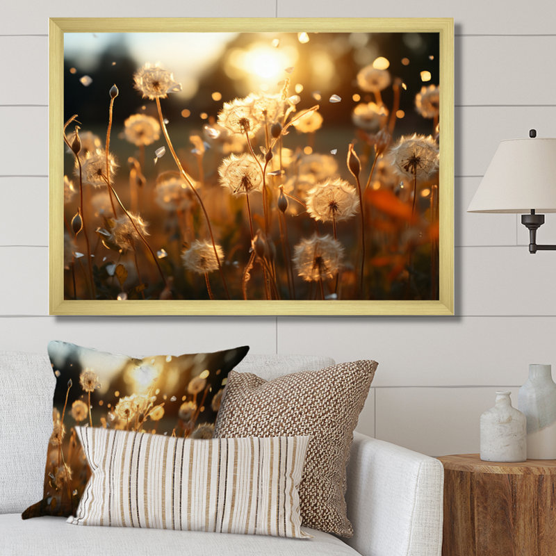 Coucher de soleil pissenlit champ V - décoration murale florale, H 30 po x l 40 po x P 1,5 po, Encadrement doré