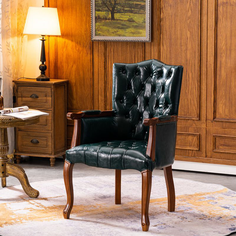 Chaise en cuir avec pieds en bois sculpté, Vert, Beige