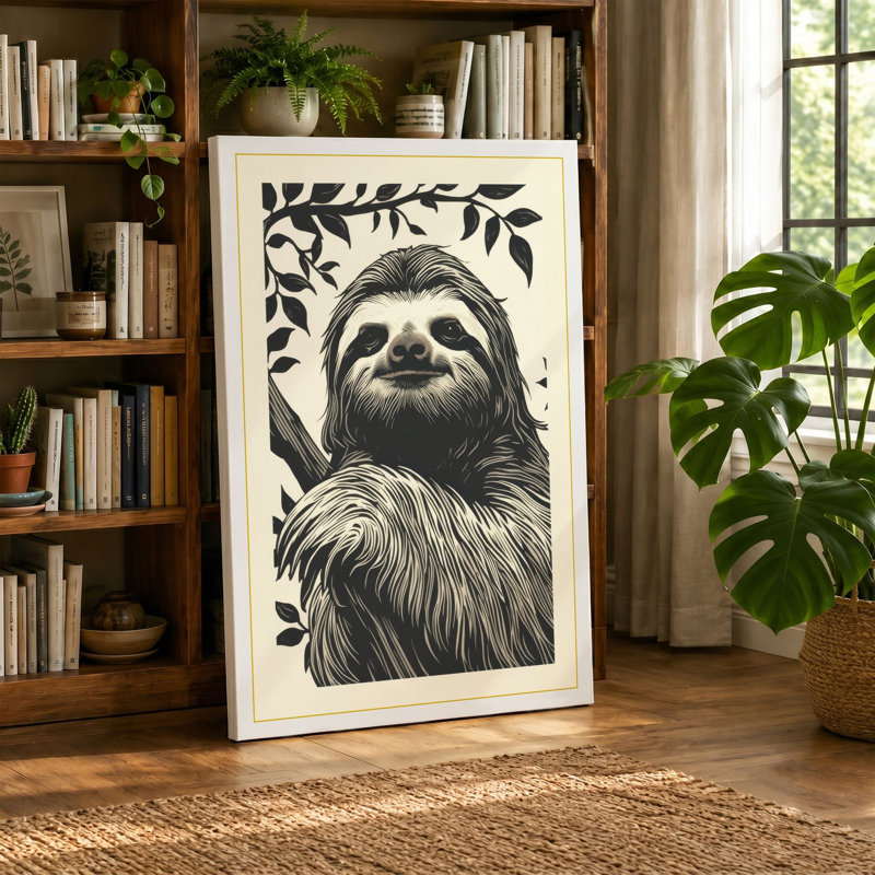 Sloth Among Leaves Boho - Wrapped Canvas, 24x16 - 61.0 x 40.6 cm, Ochre Border