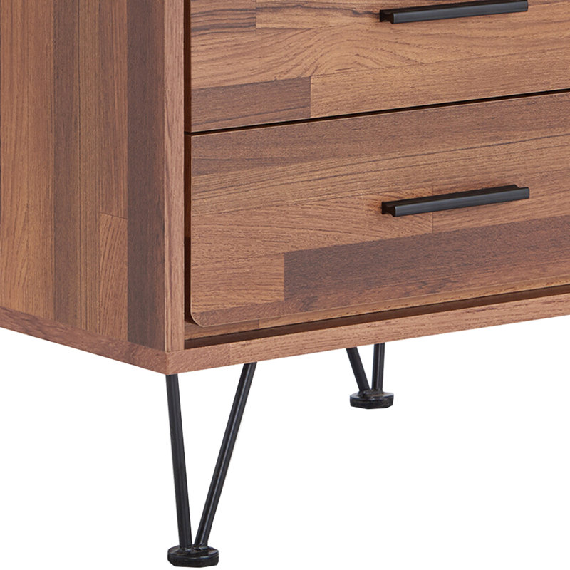 Table d'appoint au fini noyer avec 2 tiroirs et pieds en métal robustes