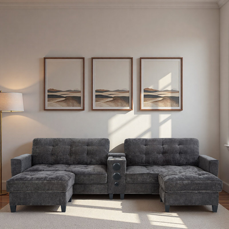 Modern U-shaped Sectional With Movable Storage Ottomans, Multifunctional Console, Bluetooth Speakers And Led Lights