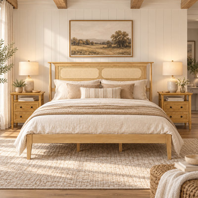 3-Piece Bedroom Set,  Wood Platform Bed with Rattan Headboard & 2 Nightstands with Charging Stations