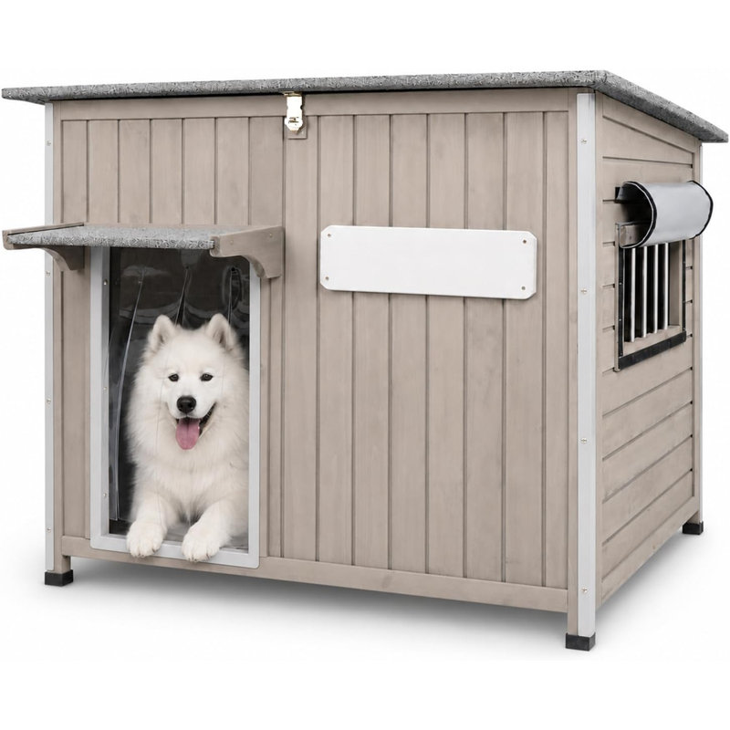 Niche pour chien en bois, chenil avec cadres en fer anti-mâcher pour chien de taille moyenne à grande, gris