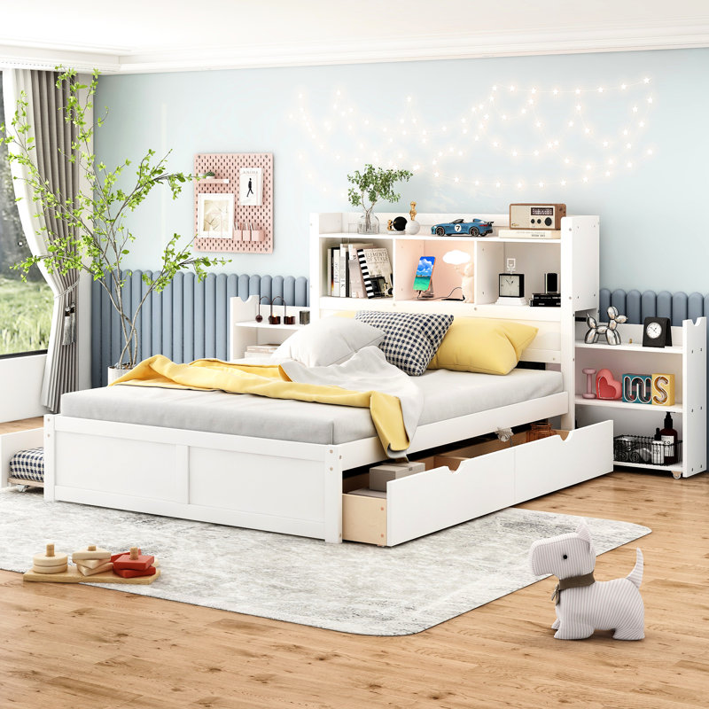 Lit double pleine grandeur avec lit gigogne simple, 2 tiroirs, tablettes coulissantes, fabrication en bois massif, sans sommier, tiroirs et cadre blancs pour la chambre à coucher