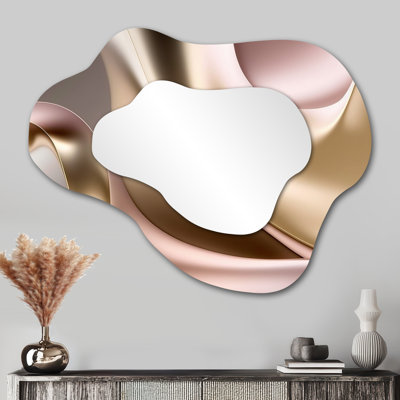 Minimal Liquid Gold And Taupe Waves III - Liquid Ink Asymmetrical Decorative Wall Mirror, Modern Cloud Mirror, Printed Metal Art