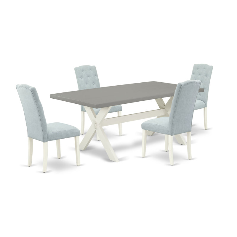 5 Piece Dining Room Table Set Includes a Rectangle Dining Table with X-Legs and 4 Baby Blue Linen Fabric Upholstered Parson Chairs, Wire Brushed Linen White