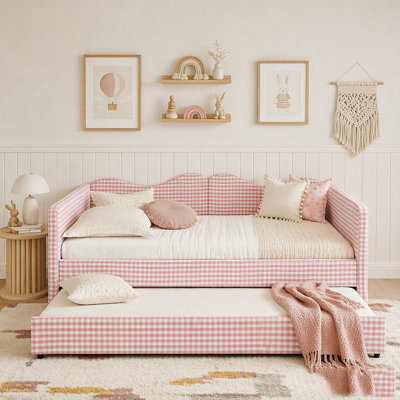 Daybed,Gingham Upholstered Daybed Equipped with Pull-Out Trundle Bed Frame & Side Storage Pocket, Solid Wood Frame Multi-Functional Sofa Bed