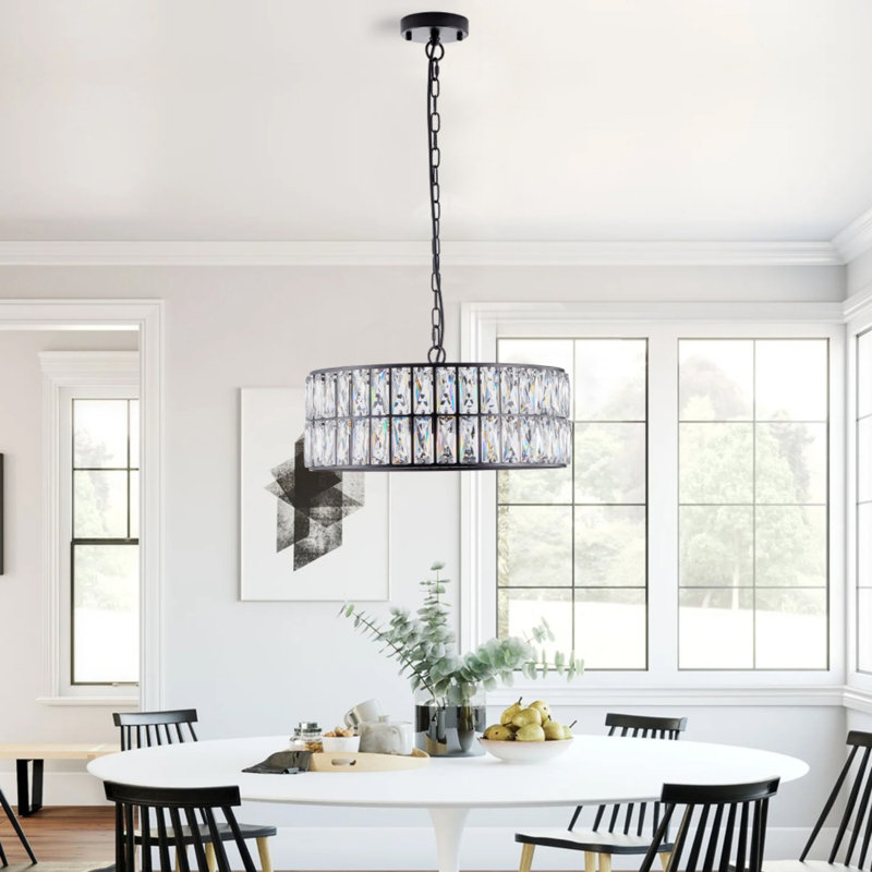 Modern Crystal Drum Chandelier, 6-light Pendant Lighting Fixture With Metal Frame For Living Room, Dining Room, And Bedroom 