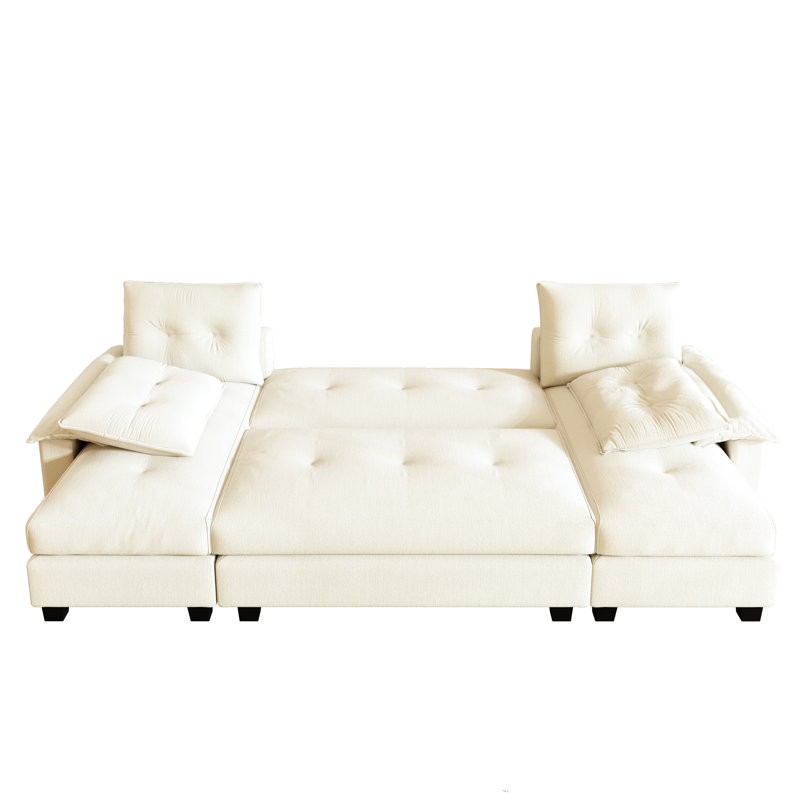 Canapé-lit en forme de U de 266 cm (104,7 po), canapé multifonctionnel 3 en 1 avec lit gigogne amovible, chargeur intégré, 4 oreillers, revêtement en chenille beige/blanc, compatible avec les prises d'appartement, tissu orange