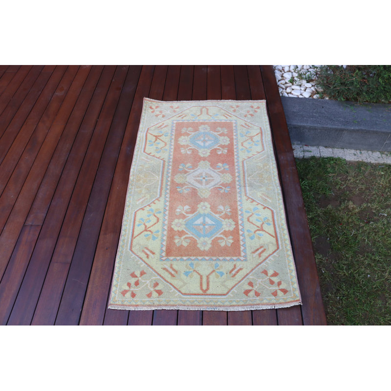Tapis turc rétro orange pour décor de vestibule tissé à la main dans un style nomade, idéal pour les petits espaces et les thèmes bohémiens