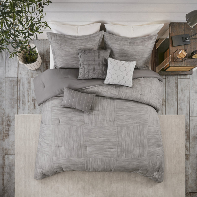 Ensemble d'édredon 7 pièces moderne en tissu gaufré gris pour chambre chic
