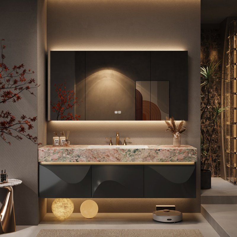 Meuble de salle de bain moderne, simple et lumineux de luxe, 21.7 "H x63"W x 21.7"D, Noir