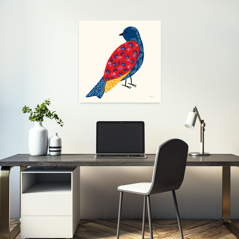 Art contemporain avec oiseau en fleurs, H 18 po x l 18 po