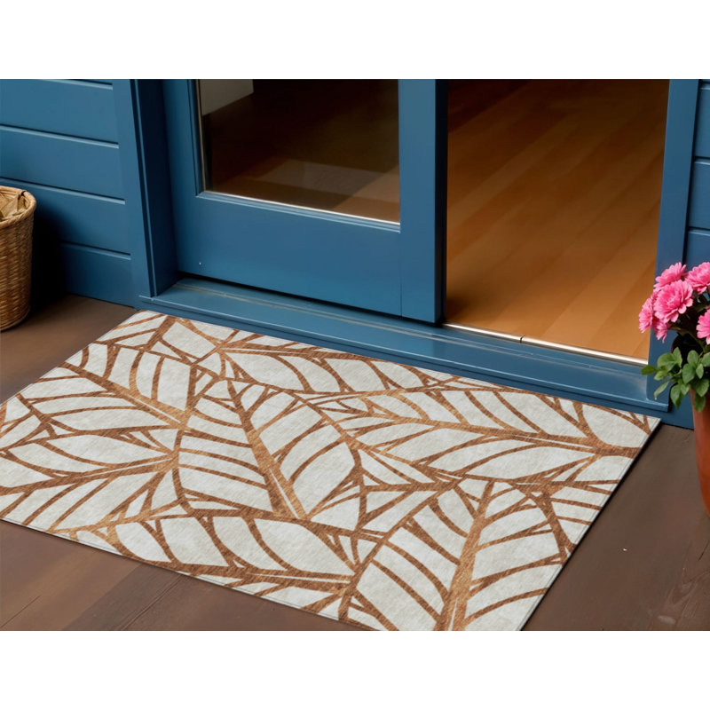 Tapis extérieur lavable floral beige et cuivré 3 pi x 5 pi orange