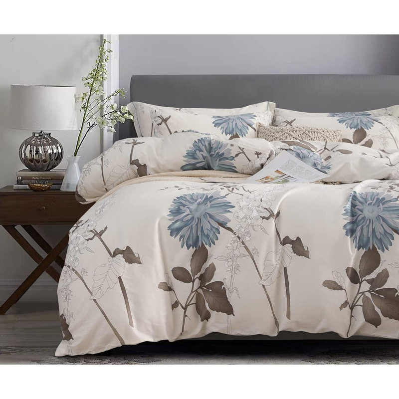 SLEEPBELLA Duvet Cover, 600 Thread Count Cotton Botanical Flowers Pattern Printed Reversible Comforter Cover, Blue Paisley