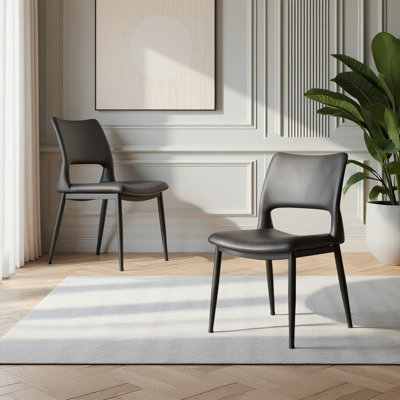 Set Of 2 Modern Minimalist Black Pu Leather Dining Chairs