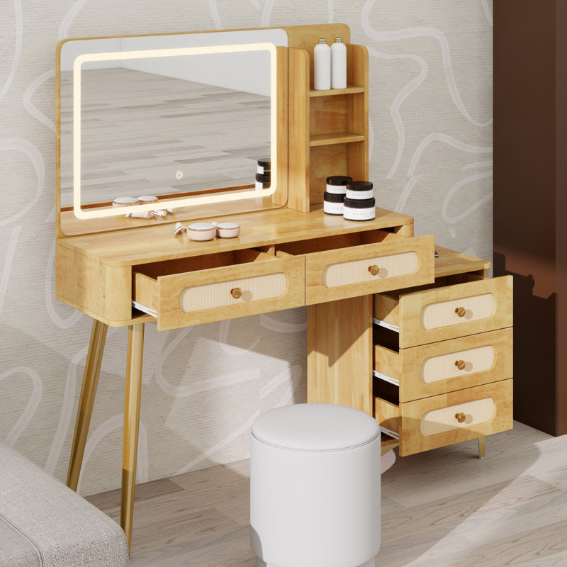 Coiffeuse de maquillage rétro avec miroir et lumières, 5 tiroirs et tablette de rangement, conception de tiroir en rotin