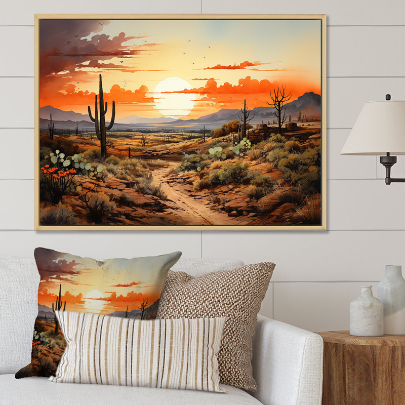 Silhouette orange, Cactus, lever de soleil - Cactus, art mural, Cadre flottant blanc, H 34 po x l 44 po x P 1,5 po