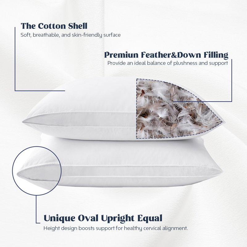 Gusseted Goose Feather and Down Pillows for Sleeping - Set of 2, 100% Cotton Shell, Medium Support Hotel Quality Bed Pillows for Side and Back Sleepers