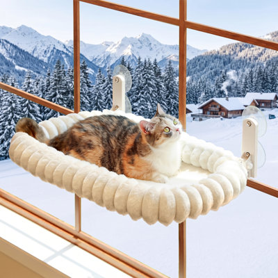Hamac pliable pour chat, couleur crème moyenne, avec support sans fil, lavable à la machine, doté d'un rebord surélevé sur 4 côtés et d'une structure de support en métal. Parfait pour les chatons et les chats de grande taille.