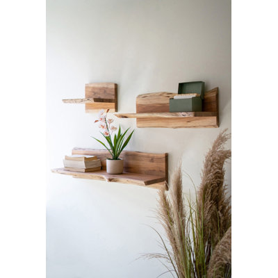  Acacia Wood Wall Shelves Set of 3 Live-Edge Design 9.5" H
