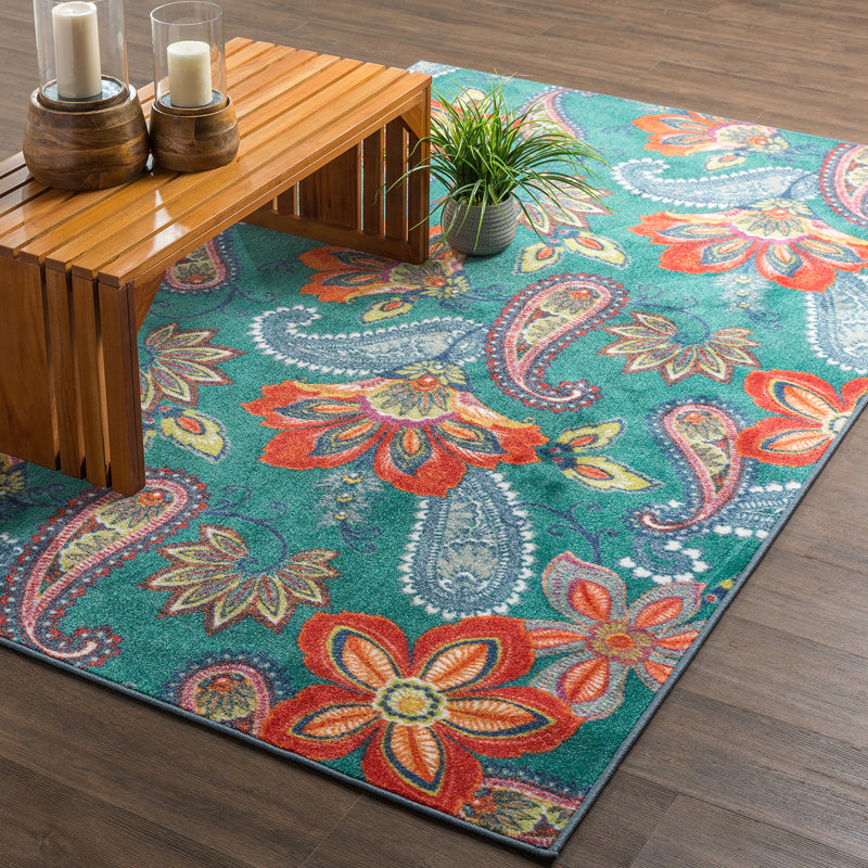 Kamberk Teal Modern Floral Area Rug, Rectangle 7'6" x 10'