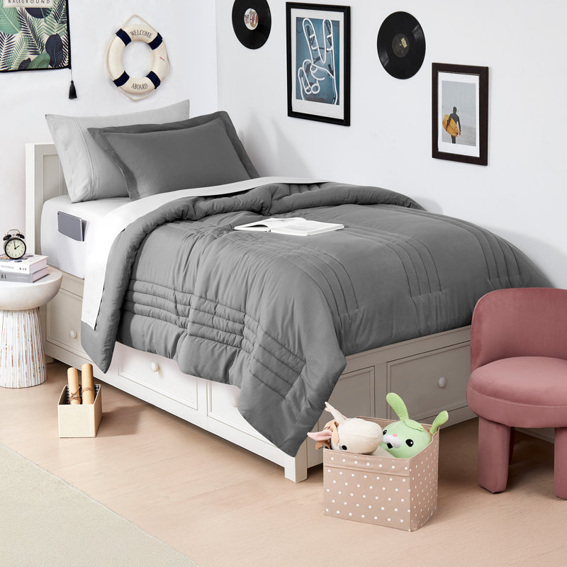 6 Piece Quilted Solid Stripe Comforter, Sheet Set And Mattress Protector Bedding Bundle, Twin XL, Gray/Silver