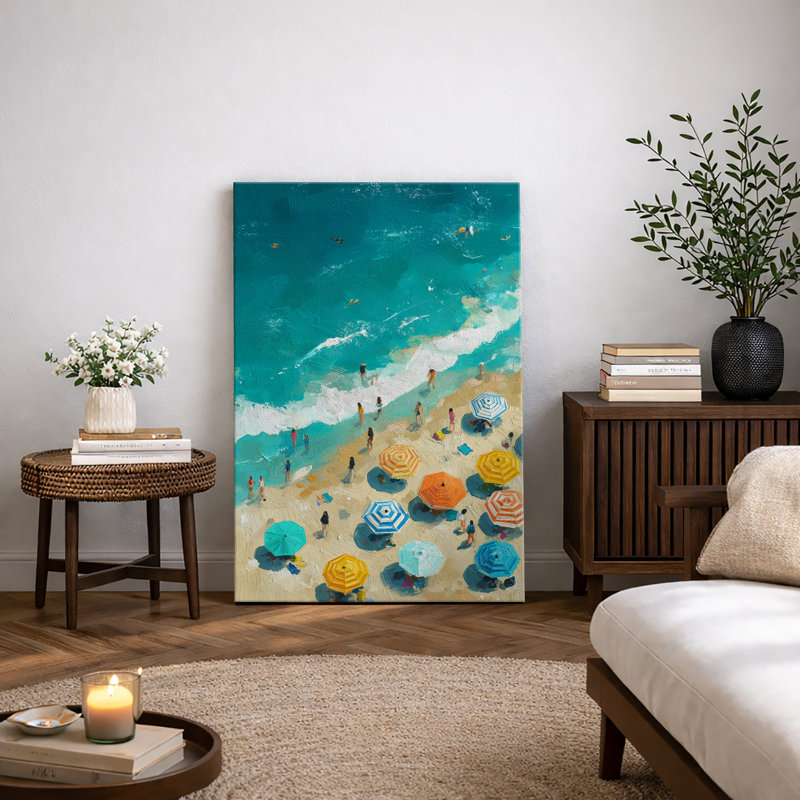 Colorful Beach Umbrella Coastal Scene Artwork, Summer Seaside Aerial View Pictures, Framed Canvas Giclee Print Wall Art