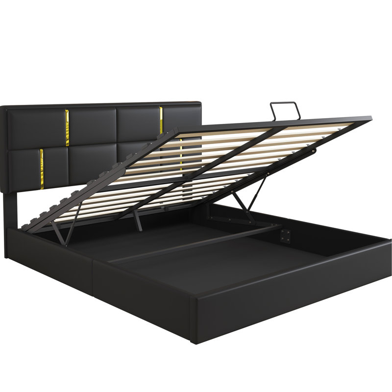 Chambre à coucher 2 pièces, grand lit plateforme tapissier avec système de rangement sous le lit, noir, 10 lattes pour l'écurie et le soutien, pièce de taille douce: literie hydraulique, ensemble à garniture dorée