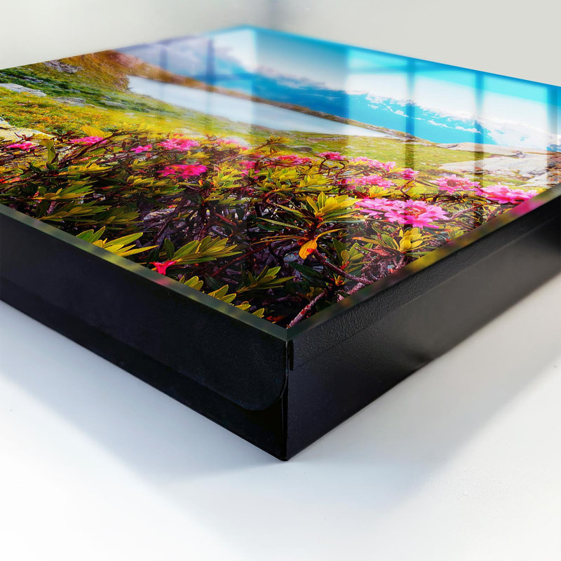 Key cabinet for home, Opens to the right, 30x30x5, Black, Picturesque mountains, a lake and flowers full of colors, 