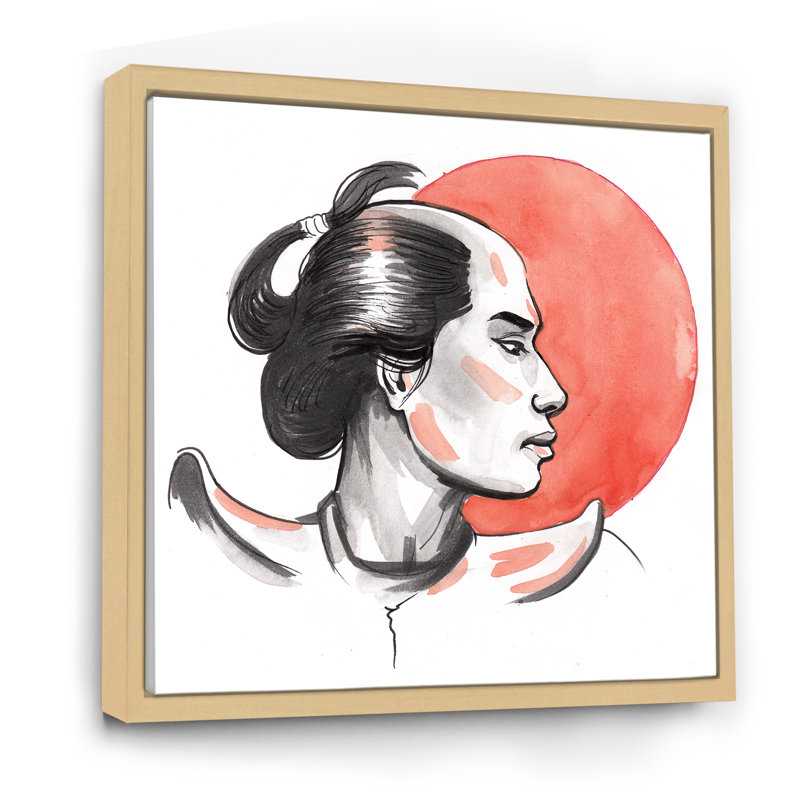 Samurai Warrior And Red Sun - reproduction d'art moderne sur toile Mid-Century, Cadre flottant érable
