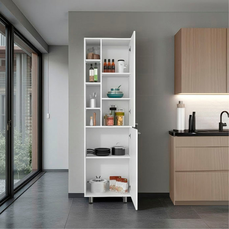 Garde-manger avec 2 portes Burton, tablettes réglables, tablettes latérales, armoire de rangement compacte pour l'organisation de la cuisine, blanc