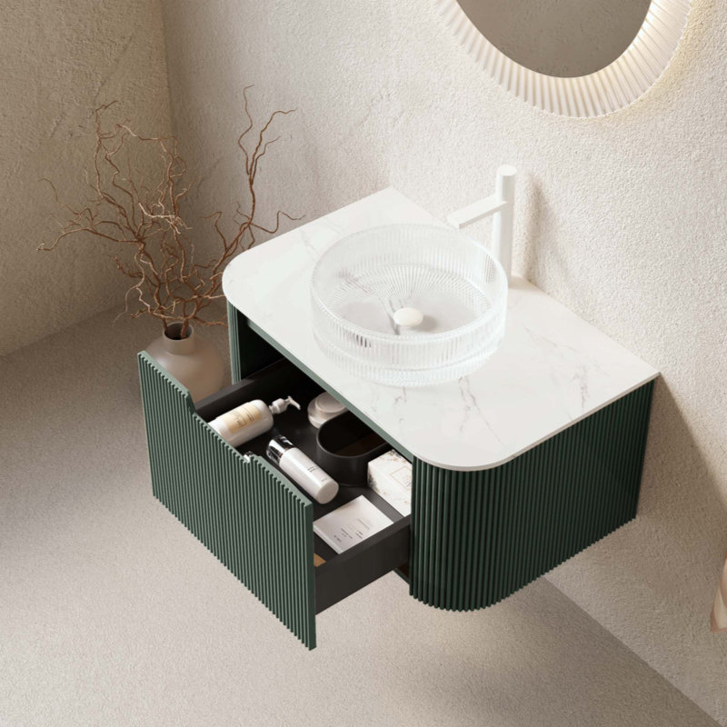 Meuble-lavabo de salle de bain, armoire de salle de bain en contreplaqué rayé à bords arrondis avec tiroir, vasque en cristal et plateau en pierre frittée, pré-assemblé