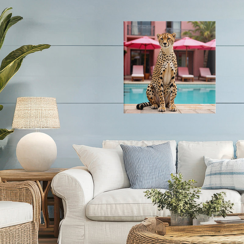 Guépard posé sur une toile au bord de la piscine, design par lettré et doublé, 24" H x 24" W