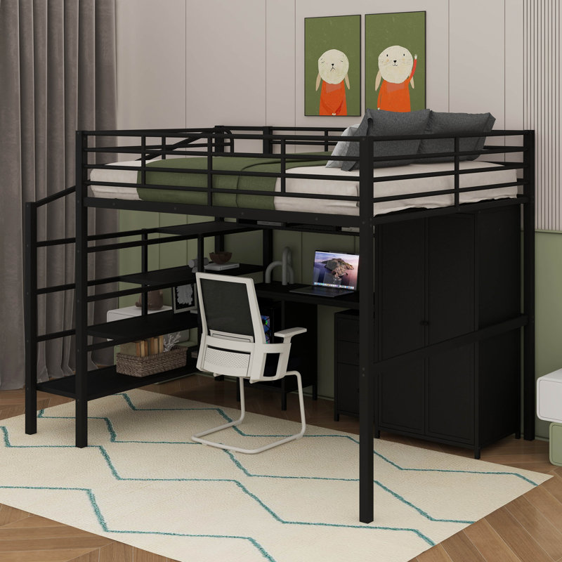 Lit mezzanine double en métal avec garde-robe et table