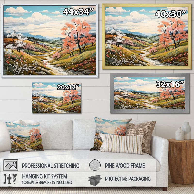 Paysage champêtre au printemps - reproduction sur toile, Cadre photo argenté, H 30 po x l 40 po x P 1,5 po