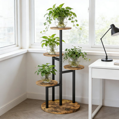 Support à plantes à 5 niveaux pour l'intérieur et l'extérieur, support à pot de fleurs vertical peu encombrant avec structure en métal durable et tablettes en bois pour le patio, le balcon et le salon