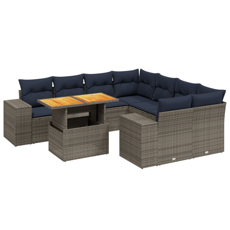  9 Piece Patio Sofa Set With Cushions Poly Rattan, Gray, Blue