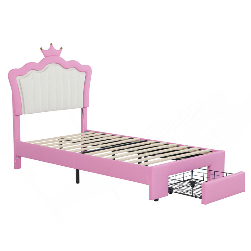 Twin Size Upholstered Bed Frame With LED Lights, Modern Upholstered Princess Bed With Crown Headboard,White, Twin, White, No