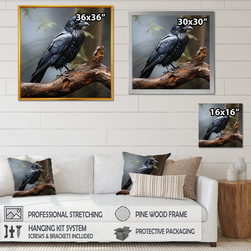 Mysterious Raven Guardian II - Art mural animal corbeau, Cadre flottant blanc, H 16 po x l 16 po x P 1 po