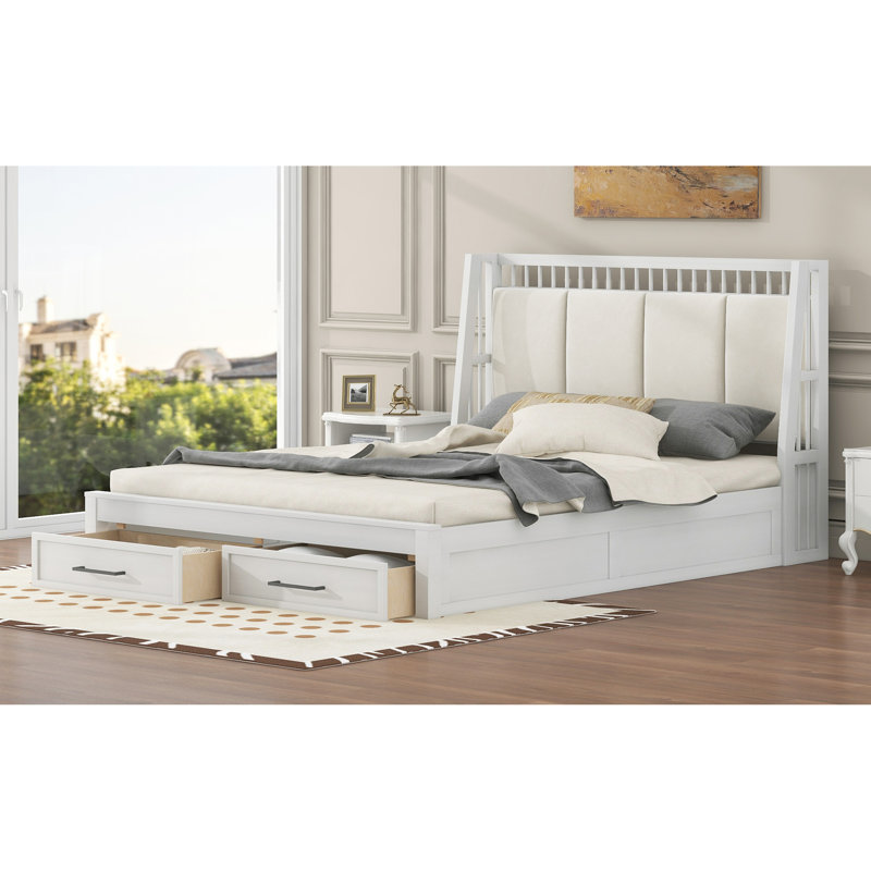 Bed With Upholstered Headboard And 2 Drawers, Queen, White